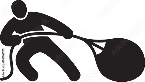 Strong person icon pulling heavy weight using rope in tug of war competition concept