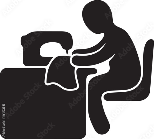 Tailor working at sewing machine icon silhouette garment manufacturer at work on textile factory