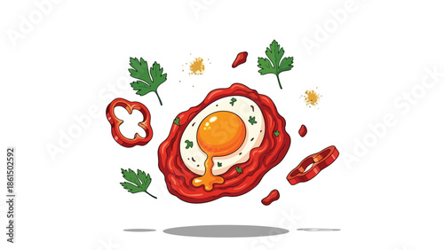 Gourmet fried egg illustration with red pepper and fresh parsley garnish