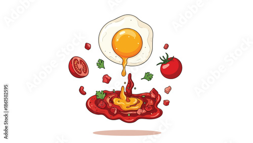 Dynamic illustration of a perfectly cooked runny egg yolk cascading into a rich, vibrant tomato sauce, elegantly accompanied by fresh garden