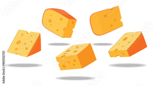 Graphic depiction of varied cheese pieces, displaying classic holes and appealing yellow-orange colors, elegantly floating against a crisp white
