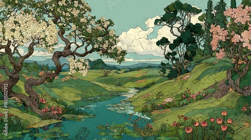   A river flows through verdant fields, flanked by towering trees and colorful blossoms