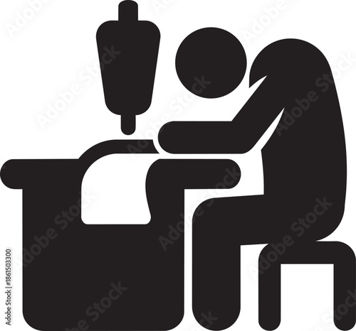 Person working at desk with sewing machine on transparent checkered background icon