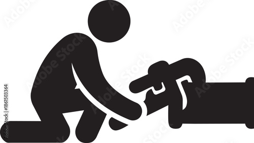 Professional plumber working on pipe repair icon black silhouette graphic for maintenance service