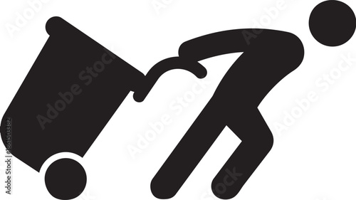 Sanitation worker pushing heavy wheeled garbage bin during waste collection service work