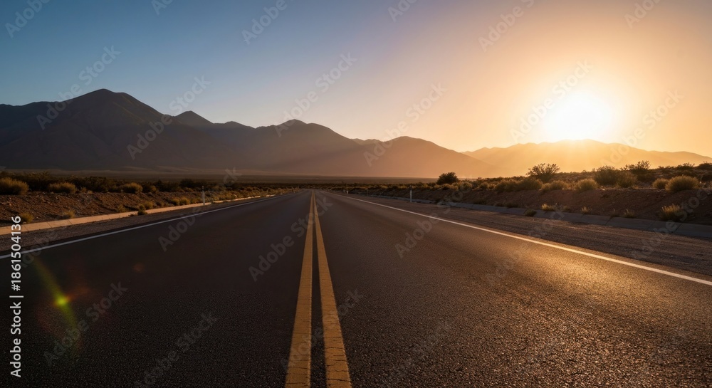 Fototapeta premium Asphalt road stretches into distance toward sunset between mountains and desert