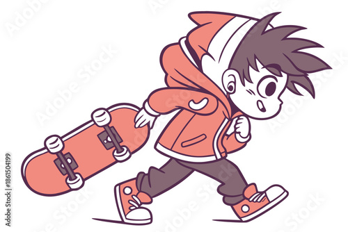 Stylish Chibi Anime Skater Boy Vector Character with Skateboard