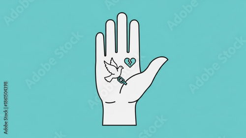 Symbolic hand with dove and heart tattoos on palm
