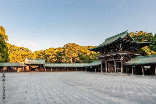 Inner courtyard and gatehouse of the Meiji Shrine in Tokyo, Japan