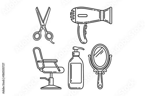 Hair salon and barber shop equipment professional tools line art