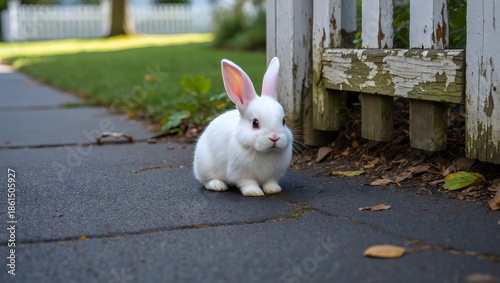 White Rabbit Sitting on Pavement Near Wooden Fence