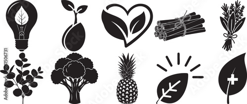 Organic health and wellness nature plant icons in silhouette on transparent background set