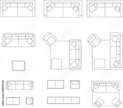Living room furniture top view vector set featuring sofa arrangements, armchairs, tables, sectional layouts, minimalist interior design plan illustration