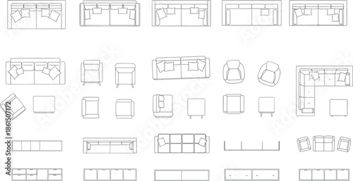 Modern living room furniture top view set including sofas armchairs tables sectional layouts minimalist interior vector illustration design plan collection