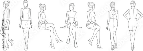 Elegant female fashion line art set displaying woman poses front side back views, minimalist outline vector illustration collection design template