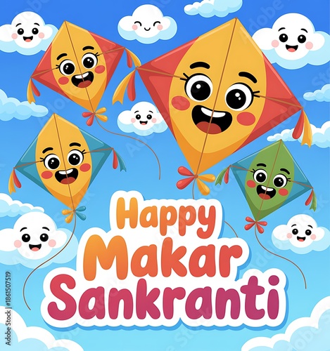 Happy makar sankranti celebration with colorful kites in the sky