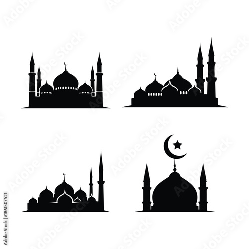Collection of four mosques with minarets and domes silhouette , islamic architecture icon.