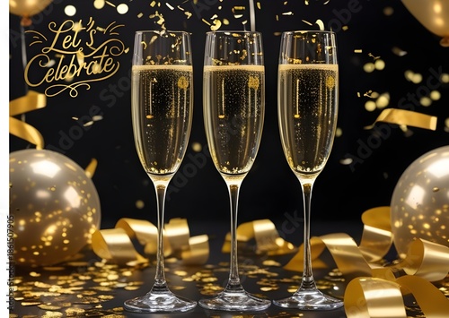 Champagne Celebration with Gold Confetti and Balloons – Festive Party Background. Ai generated