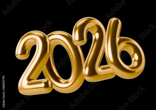 2026 Gold 3D Numbers – New Year Celebration Metallic Balloon Style Design. Ai generated