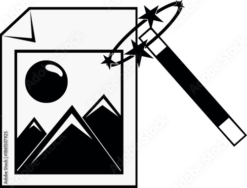 black and white vector illustration of a magic wand creating a digital image file. concept for artificial intelligence image generation, ai art tools, and automated graphic design