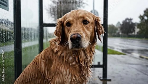 A dog sitting alone at an empty bus stop during light rain
