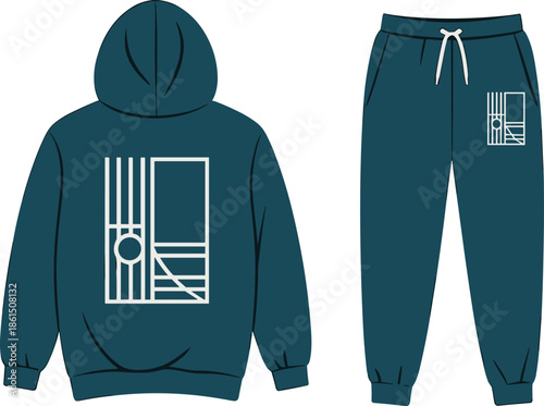 Hoodie, sweatpants, geometric, teal, white, fashion, sketch, front, back, silhouette, posture, gesture, setup, vector, pose, flavector, garment, technical, flat, cad drawing flat vector
