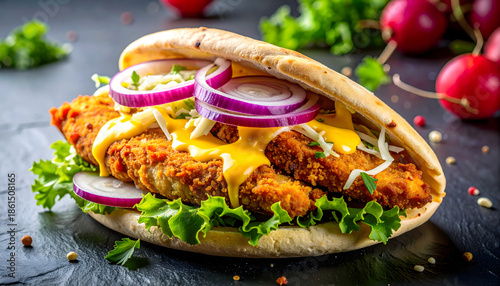 Close-up of a modern Turkish-German street food dish from Cologne, featuring crispy breaded schnitzel, fladenbrot, krautsalat, red onions, and honey mustard sauce. Served with fresh salad on a slate, 