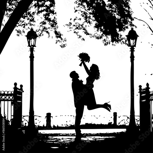 Couple in silhouette with bouquet