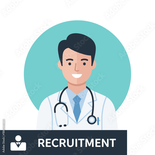 Flat vector of a smiling male doctor with a stethoscope. For use in healthcare recruitment and hiring campaigns. Professional and modern design.