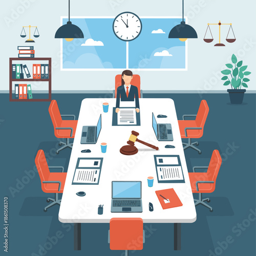 Vector illustration of a legal meeting room with judge. This image is ideal for illustrating the legal profession or law related topics.
