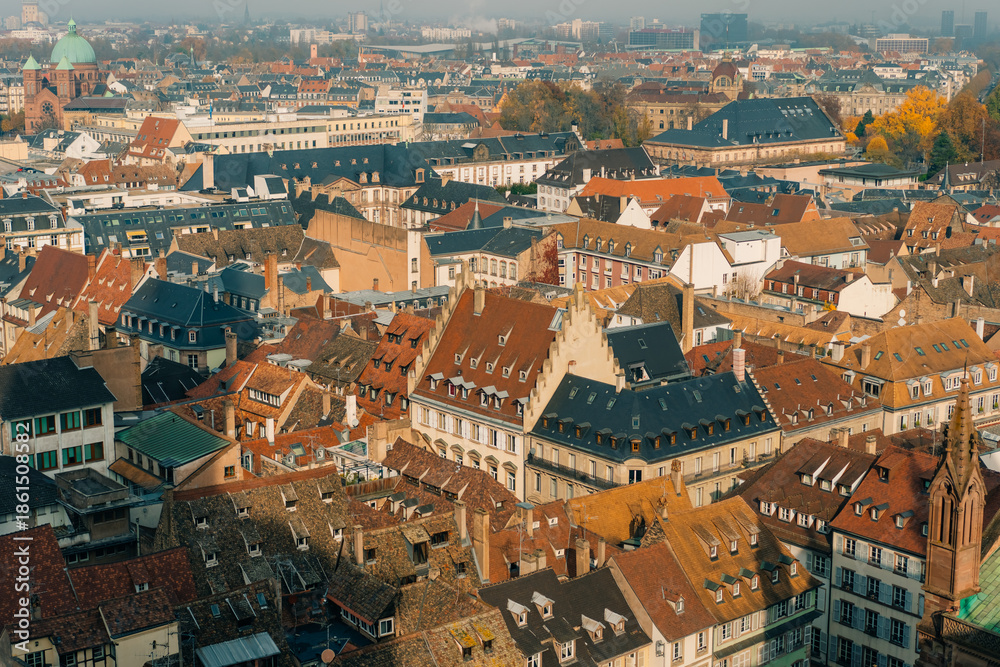 Obraz premium Aerial view of the old town of Strasbourg, France in autumn