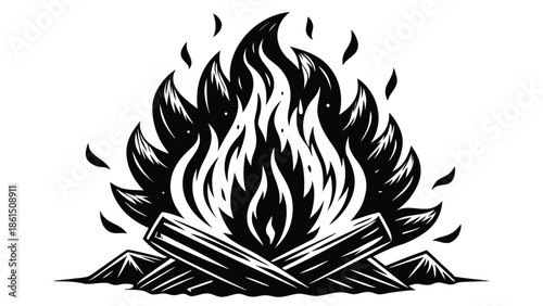 Stylized depiction of a roaring campfire with detailed wood and flame shapes in black and white silhouette