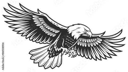 A majestic bald eagle soars with wings spread showcasing its powerful form in a striking silhouette