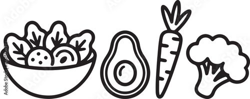 A simple black and white illustration of fresh vegetables and a salad