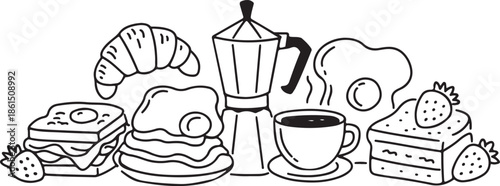 A charming black and white illustration showcasing a delightful breakfast spread