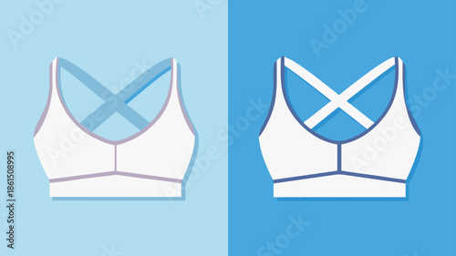 Two contrasting sports bras are displayed against a split blue background showcasing their design and form silhouette