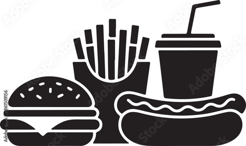 A simple black and white illustration of fast food items together