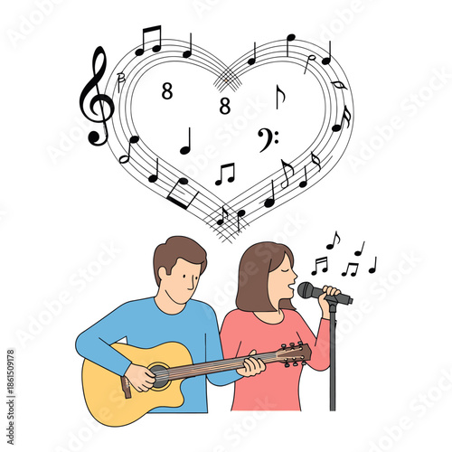 Couple Singing and Playing Guitar with Heart Music Notes - Love Song Harmony