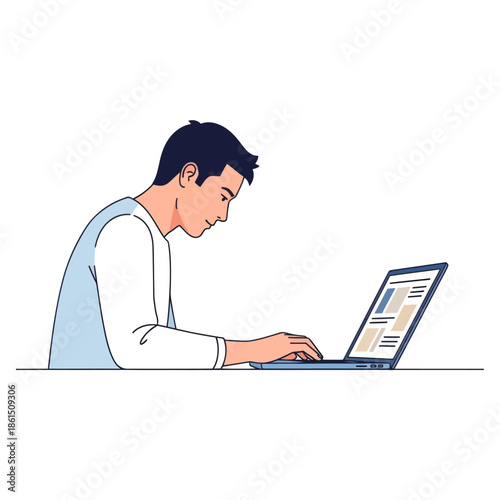 Young Man Typing on Laptop Computer, Focused Work Session Illustration
