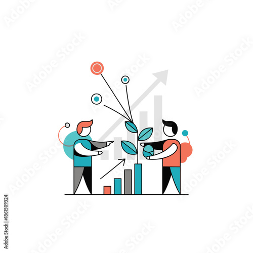 Business growth concept: two people nurturing a plant with financial graph background
