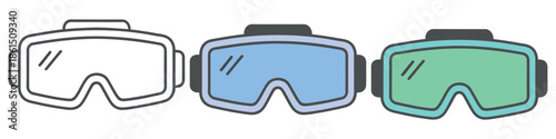 Iconic virtual reality goggles set with outline, blue, and green lens variations