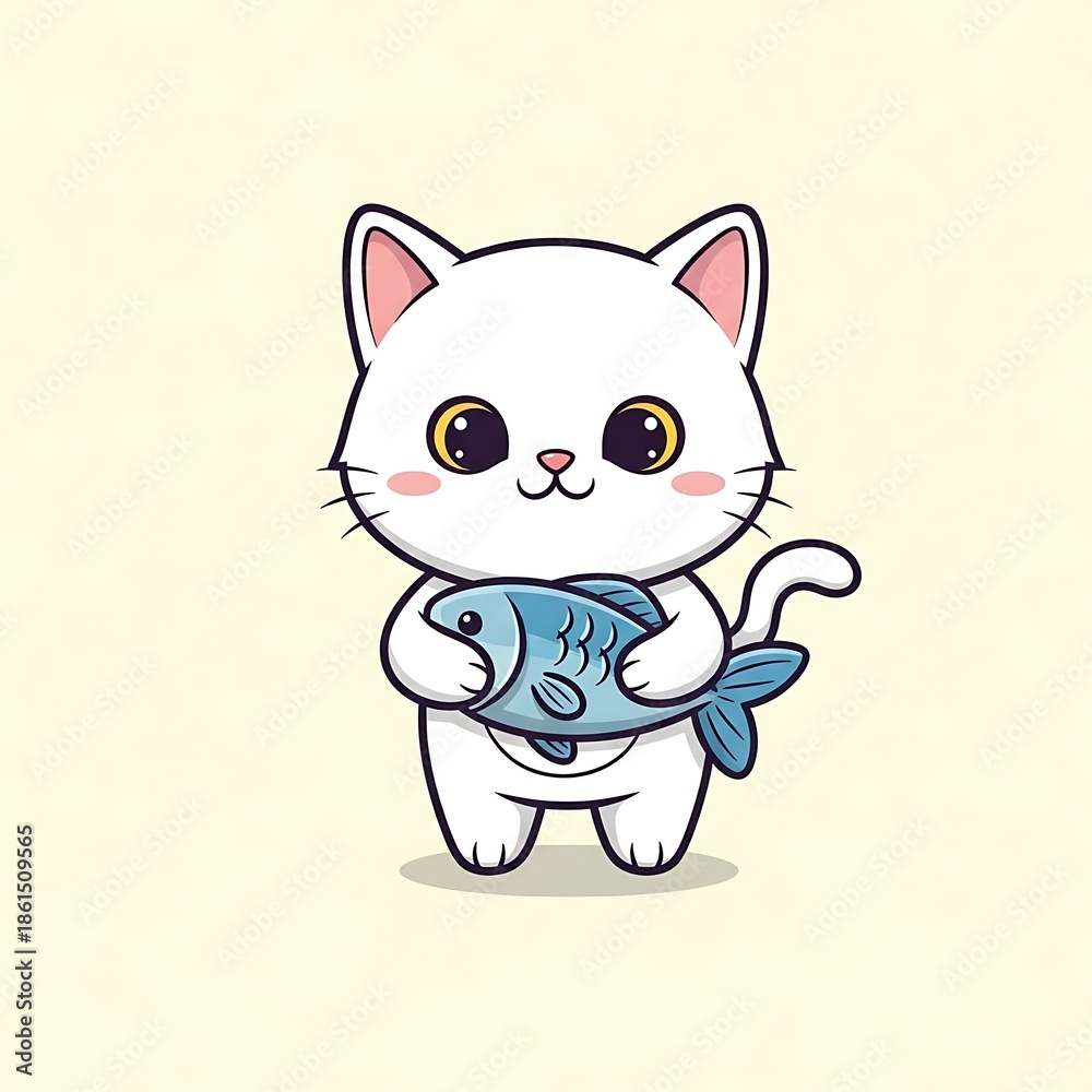 Obraz premium Adorable cartoon of a white feline holding a blue fish against a pastel yellow background, simple design