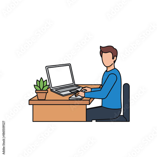 Man Working on Laptop at Desk with Plant