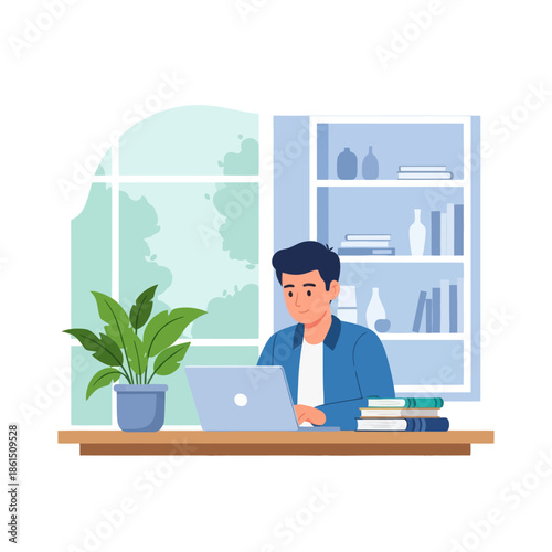 Man working on laptop at desk with books and plant in bright home office