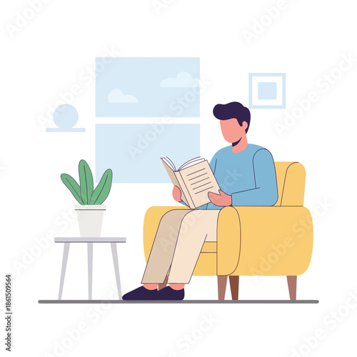 Man Reading Book Sitting in Yellow Armchair at Home
