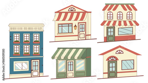 charming colorful buildings with detailed awnings and windows depicted in a striking black silhouette high quality
