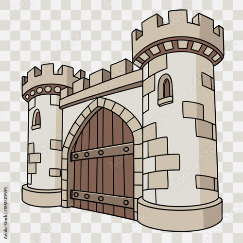 a detailed illustration showcases a medieval castle tower with an arched entrance creating a striking silhouette