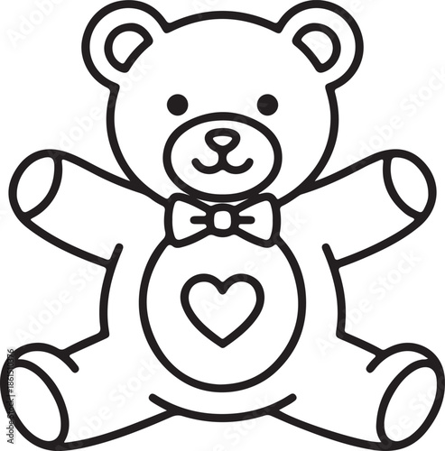 A cute black outline drawing of a beloved teddy bear toy wearing a small bow tie and heart