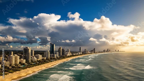 Skyline meets sea under cloudy skies at golden hour