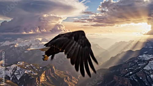 Eagle soars above a vast mountain range under dramatic skies